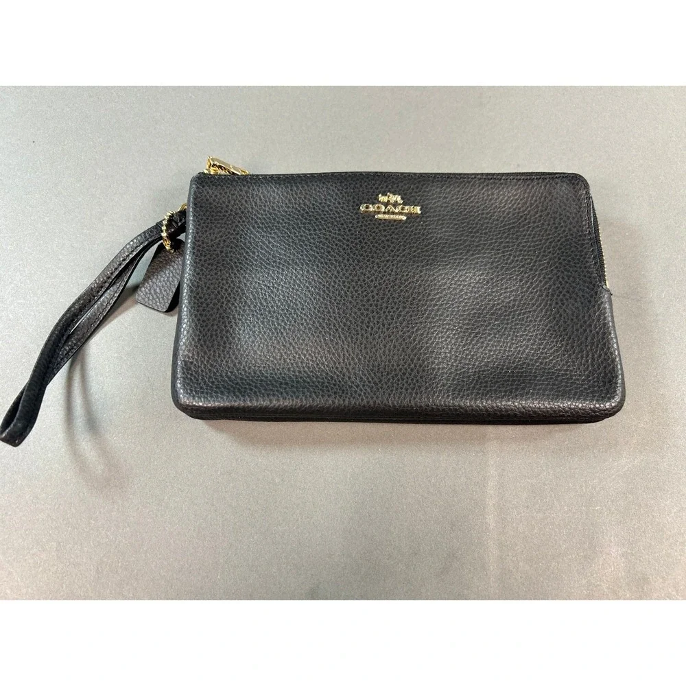 Coach Double Zip Wristlet Black Pebble Leather Gold Hardware Handbag Bag